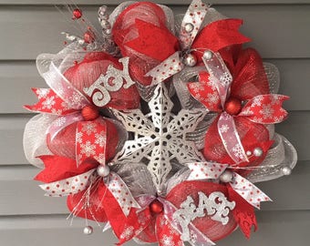 Christmas Wreath For Front Door, Xmas Wreath, Modern Christmas Wreath, Red Silver Mesh Christmas Wreath, Holiday Wreath, Star Wreath