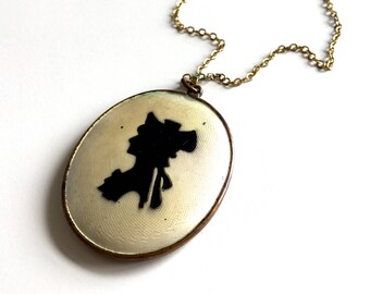 Antique Art Deco Silhouette Cameo Portrait Guilloche Enamel Locket Pendant Necklace