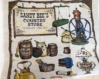 Sandy Bee's Country Store LInen DishTowel Made by Kay Dee Hand Prints 70s 80s unused