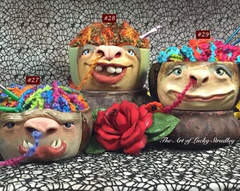 XXLARGE YARN BOWL - Custom Made - Wheel thrown, hand altered and sculpted. Just a friendly face to join you while you knit or crochet.