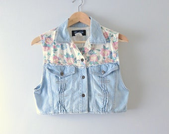 Vintage 80s Cropped Denim Vest | 1980s Floral Denim Cropped Vest | 1980s Jean Crop Top Vest