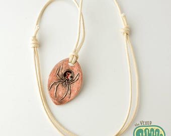 Black widow spider necklace, ceramic spider jewellery, adjustable cotton cord, Latrodectus species
