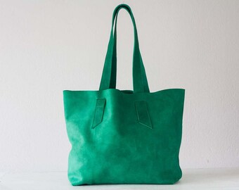 Green suede leather tote bag, raw edge leather purse shopper bag shoulder womens large market bag unlined leather tote - Calisto bag