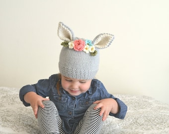MADE TO ORDER- Flower Hat - Bunny Flower Crown Knit Hat - Bunny Hat - Newborn to 3 Months - 3-6 Months - 6-12 Months - 12 - 18 Months Todd