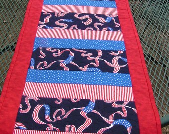 Red, White & Blue Quilted Patriotic Table Runner Reverses to Christmas Poinsettias
