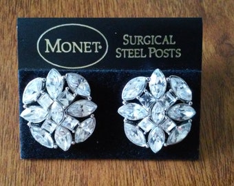 Vintage Rhinestone Silver Tone Metal Pierced Earrings by Monet on Original Card Mother's Day