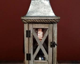 One-of-a-kind Upcycled Repurposed Wood Metal & Glass Nautical Candle Holder Rustic Steampunk Art Lamp w/Vintage Style Edison Light Bulb