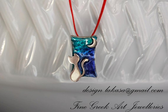 Necklace Cat Moon Silver 925 White Gold-plated Enamel Jewelry Lakasa e-shop Best gifts ideas for her birthday anniversary for ever friends