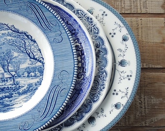 Mismatched Blue and White Dinner Plates for Weddings Set of 4 English Blue Transferware English China, Rustic Replacement China