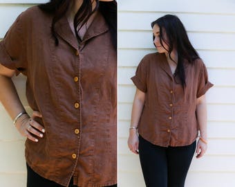 Vintage FLAX Brown Linen Button Down Short Sleeve Blouse with Notched Collar