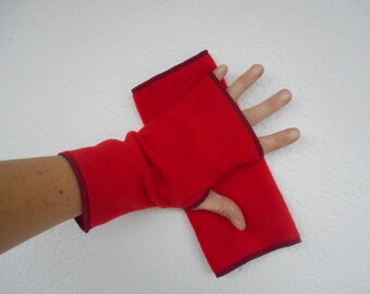 knit fingerless mittens red fleece linen ' eva creation