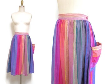 Vintage 1980s Rainbow Striped Skirt | Colorbloked Cotton Full Skirt | size small