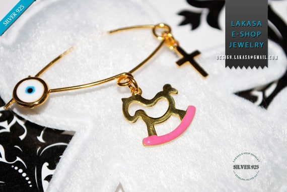 Pink Enamel Baby Brooch Pony Carousel Sterling Silver Gold plated Handmade Jewelry Cross Eye Happy Shower Day Religious Baptism Newborn Girl