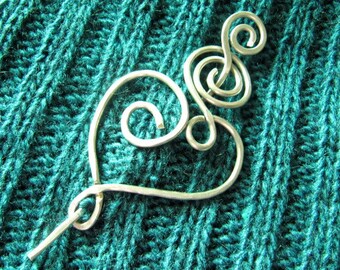 Celtic Heart Spiral Pin, Shawl Pin, Scarf Pin, Sweater Clip, Silver Pin, Screw, Sweater Brooch, Shrug Fastener, Women, Knitting Accessories