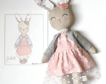 custom cloth doll and illustration set,vintage fabrics, choose your style, bunny,cat,panda,bear,fox,linen, custom animal doll