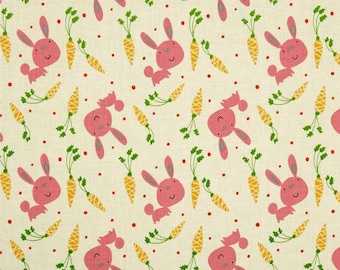 Bunny and Carrots fabric in Pink by David Walker