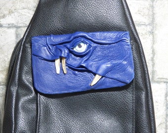 Leather Backpack Woman Purse With Face Monster Blue Black 426