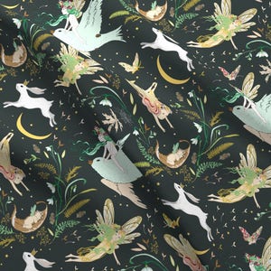 Fairy Tale Fabric - Enchanted Fairies (Pine) By Nouveau Bohemian - Fairy Tale Cotton Fabric By The Yard With Spoonflower