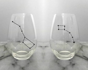 Big Dipper Little Dipper Wine Glass Pair - Stemless Wine Glass, Wine Gift, Customized Wine Glasses