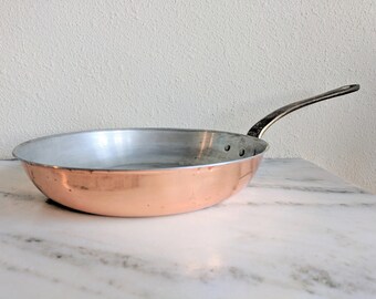 Large Copper Skillet Pan, Vintage Copper Frying Pan w/ Brass Handle, Hanging Copper Kitchen Decor, French Country Farmhouse Decor, ODI Korea