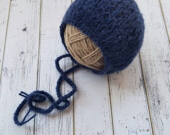Fuzzy Newborn Bonnet, Alpaca Bonnet, Knit Newborn Hat, Knit Bonnet, Newborn Bonnet, Neutral Bonnet, Photo Prop Alpaca, Blue, knits MADEORDER