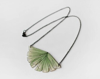 Floral Necklace, green ginkgo, unique shrink plastic necklace, metal chain jewelry, nickel free, jewellery