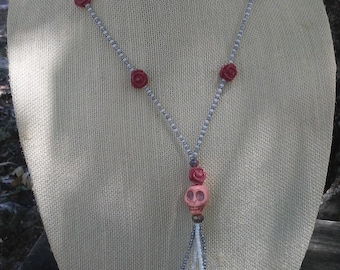 Grey and White Crystal Beaded Skull Necklace, Dia de los Muertos, Day of the Dead, Graduation Gift, Statement Dramatic Boho Necklace