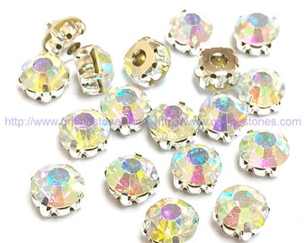 Sew On Rhinestones round glass Crystal AB size in 10mm 8mm 7mm 6mm 5mm Rainbow color silver setting