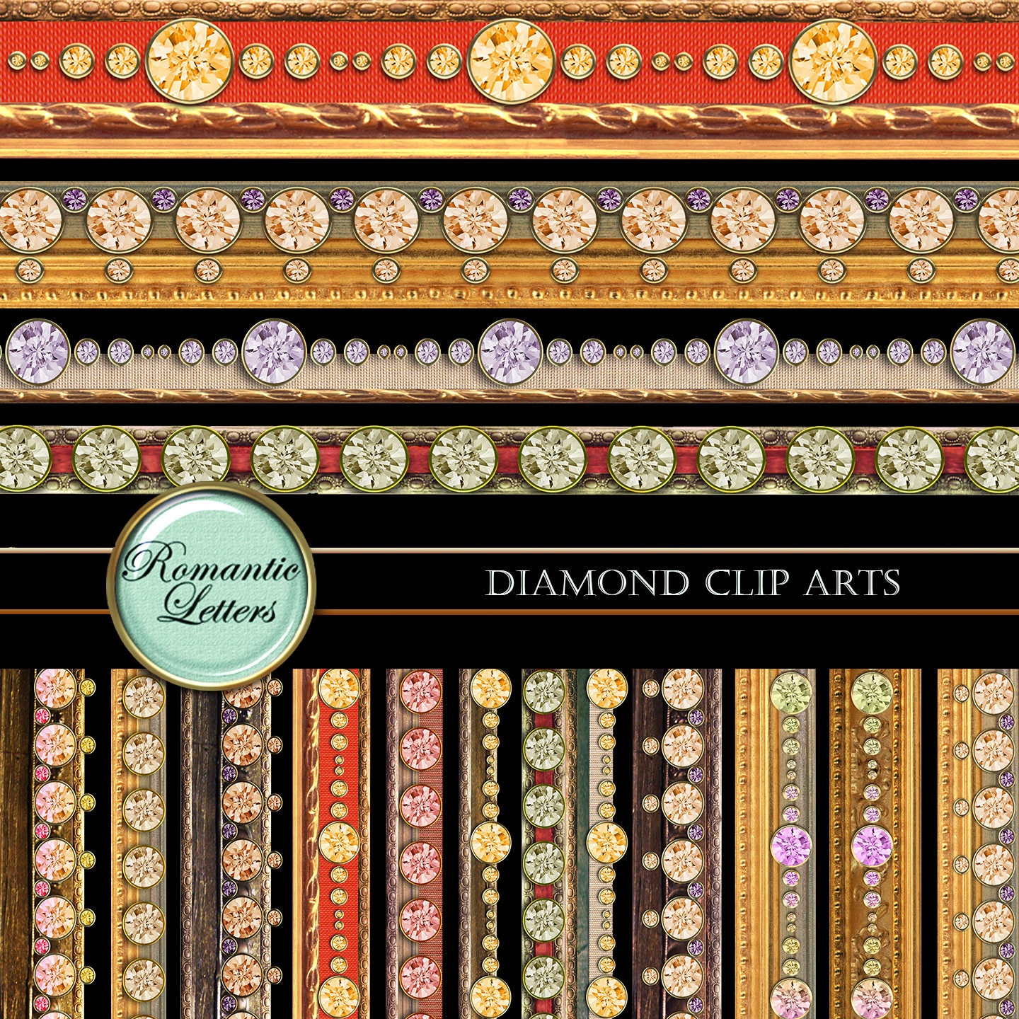 Digital borders clip art Diamond clip art gold lace frame