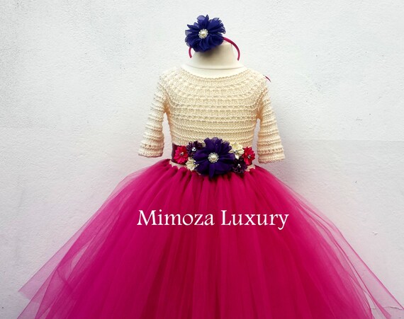 Flower girl dress, Christmas tutu dress, sleeve tutu dress, bridesmaid dress princess dress, crochet top tulle dress dark fuchsia dress