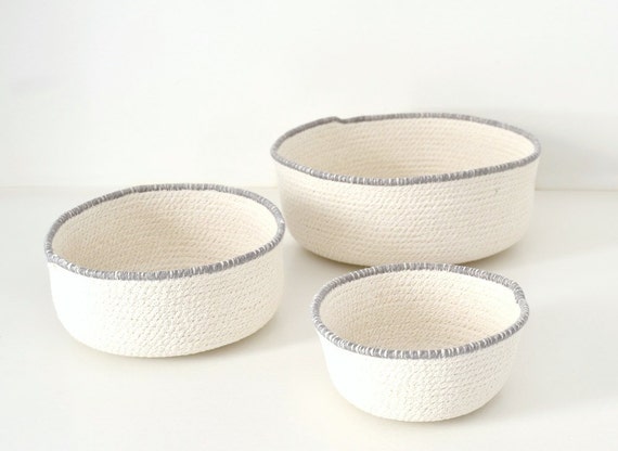 Scandinavian basket, Basket cotton, Rope bowl, Natural home decor, Mediterranean decor, Natural cotton rope, Set of bowls, White and grey