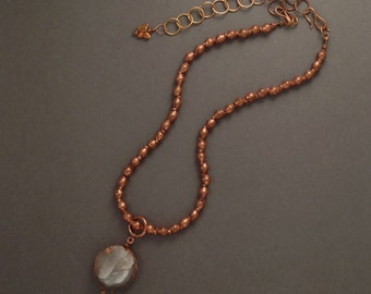 Necklace Copper Beaded Chain with Blue Agate Pendant 18" to 24" Handcrafted One-of a Kind!