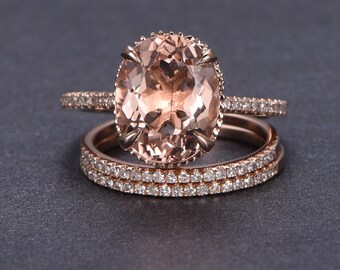 Diamond Rose Gold Morganite Engagement Ring, Rose Gold Morganite Ring, Engagement Ring, Morganite, Oval Morganite Wedding Set, 2 bands