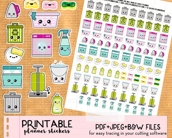 kawaii cleaning home chores stickers set printable planner