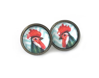 Blue Chevron Rooster Antique Brass Post Earrings