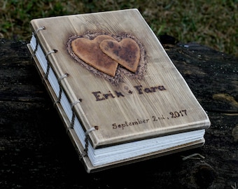 Wedding Guest Book rustic wood journal with leather hearts wooden guestbook bridal shower engagement anniversary