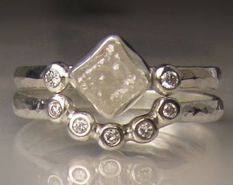 White Raw Diamond Engagement Ring, Rough Diamond Cube Ring, Hammered Diamond Cube Engagement Set