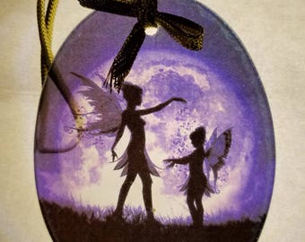 Purple Fairies Oval Beveled Glass Ornament Suncatcher