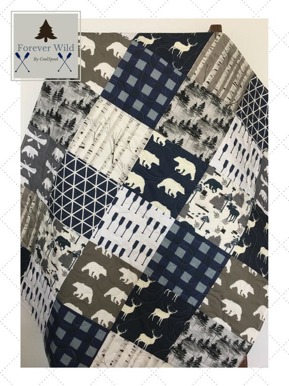 Navy Plaid Boy Quilt Woodland Crib Bedding Navy Gray Baby