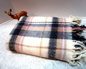 Vintage Plaid Wool Stadium Blanket, Beige + Gray, Cabin Lodge Ranch, Football Game Picnic Lap Robe, Classic Warmth Car Blanket Tailgate