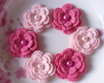 6 Crochet Flowers In Lt Pink, Bubblemgum Pink YH-011-16