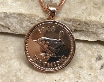 70th birthday gift farthing pendant 1948 - wren design rose gold plated