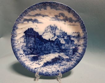 Antique Flow Blue Plate, Graveyard and Castle Scene
