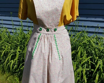1940s Reproduction Polka Dot Pinafore with Pockets, Removable Bib, Rick Rack Trim