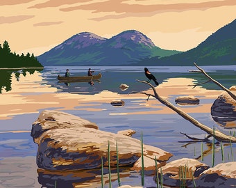 Maine - Lake Scene and Canoe (Art Prints available in multiple sizes)