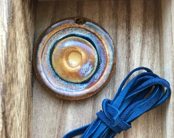 Only one, Denim blue & gold pendant with deerskin sample, Art Bead, Classic Bead, The Classic Bead