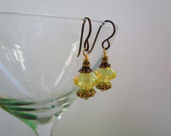 Feminine Yellow *Sale* Czech Glass Dressy Earrings Hypoallergenic & Sparkly Earrings with Antique Copper Niobium Ear Wires and Fancy Glass