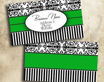 Elegant Green Black & White Damask Business Card Template Digital INSTANT DOWNLOAD 3.5 x 2 Inches Calling Card (BC22)