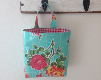 Beth's Aqua Vintage Rose Oilcloth Car Trash Bag Haning Receptacle