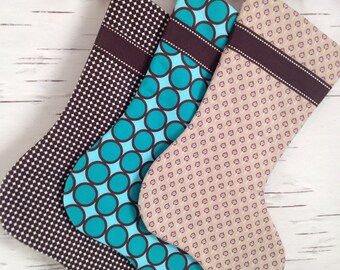 READY TO SHIP - Set of Three Modern Christmas Stockings in Brown, Taupe and Teal